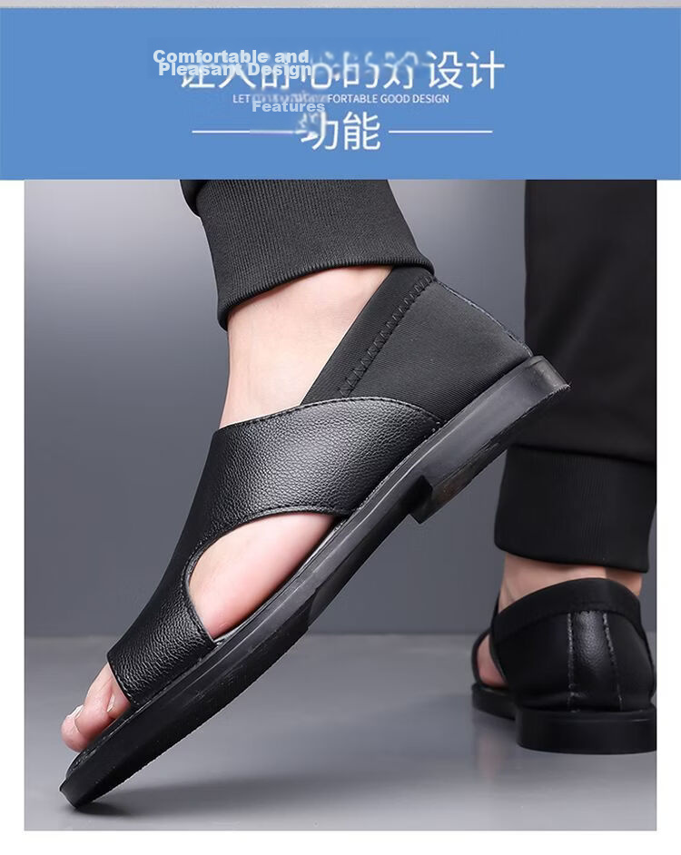 Jingzhenlianggong Men's Summer Sandals Dual-use Slippers Non-slip Soft Sole Beach Shoes Black [Leather Texture] Size 38 7
