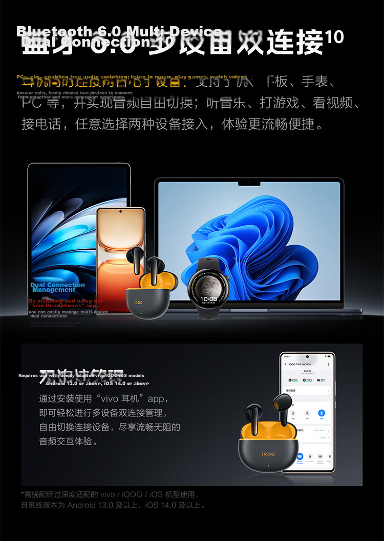 Vivo iQOO TWS Air3 Pro Star Yellow 50dB Adaptive Active Noise Cancelling 47h Long Battery Life Bluetooth Earphones Compatible with Apple Huawei Xiaomi OPPO Phones 36
