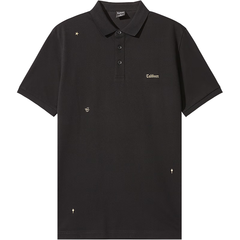 Cabbeen 3241163004 Cool Touch Gold Thread Embroidered Short Sleeve T-Shirt Simple Black and White Polo Shirt Coal Black 01 L