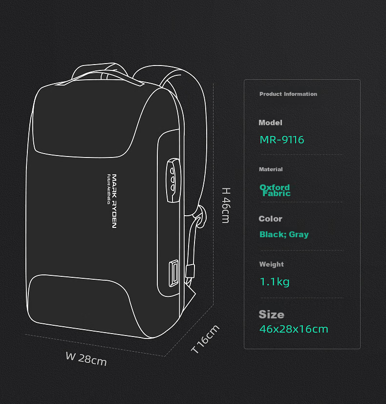 MARK RYDEN Backpack for Men, Password Lock Anti-Theft Large Capacity Casual Travel Sports Car Laptop Bag MR9116 Cool Black 17