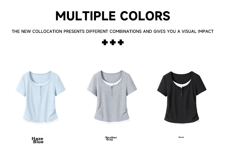 TonLion Women's Short Sleeve T-Shirt Summer New Fake Two-Piece High-End Shoulder Slim Fit Short Crop Top Spicy Girl Style 3