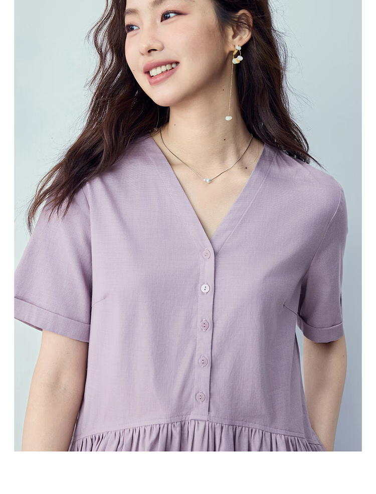 Giordano Women's Short Sleeve Dress 2026 Summer New Lyocell Cotton Spliced Pleated V-Neck Dress 13466253 7