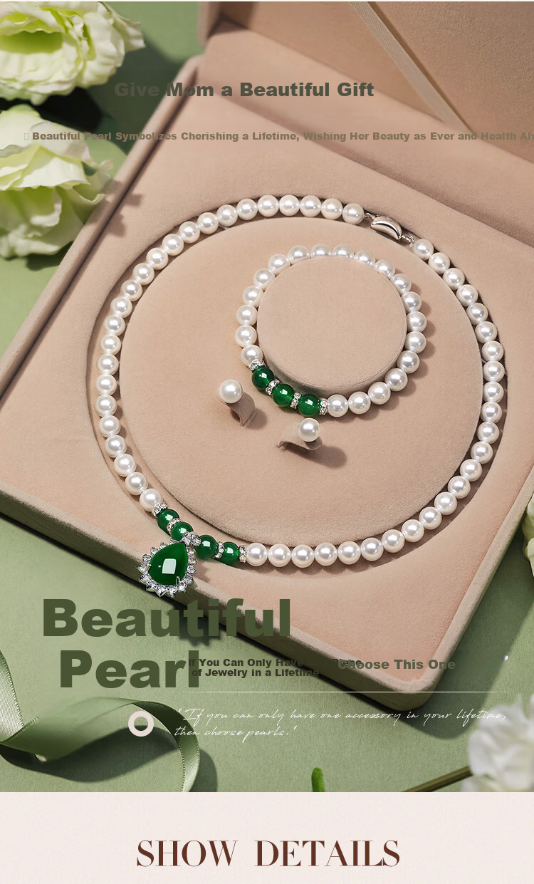 Elegant Faux Pearl Bead Necklace with Green Agate Pendant Jewelry Set of 3 Birthday Gift for Girlfriend, Mom, and Elders 1