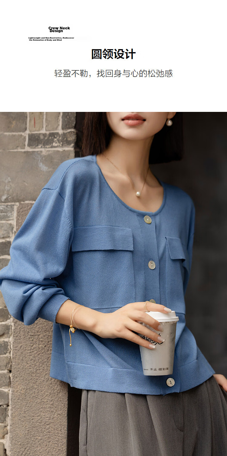 Demana Luxurious Tencel Cardigan Spring Lightweight Round Neck Patch Pocket Long Sleeve Loose Knit Sweater for Women 5