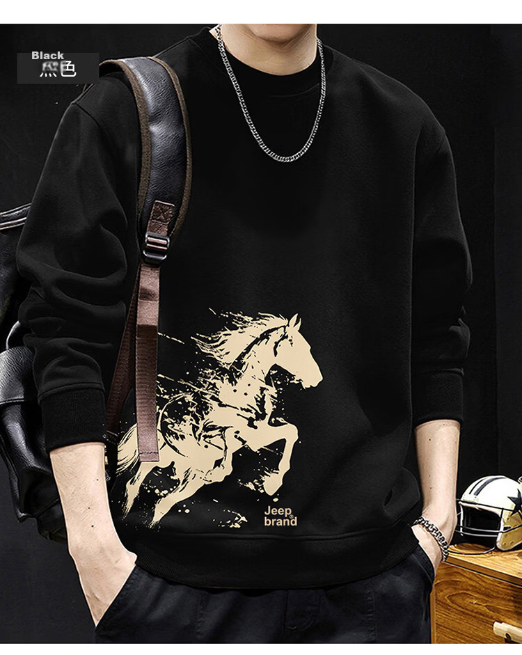 JEEP Men's High-End Loose Fit Sweatshirt Spring Autumn Base Layer Long Sleeve Top Trendy Men's Wear Navy Blue S 14