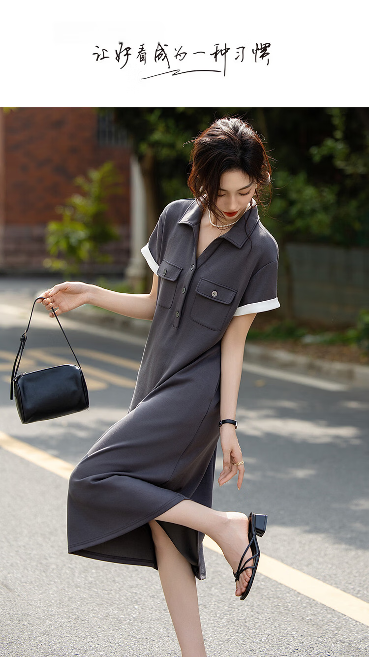 Demana Minimalist Daily Summer Commuter V-Neck Half-Placket Pocket Loose Slim Dress for Women Premium Feel 1