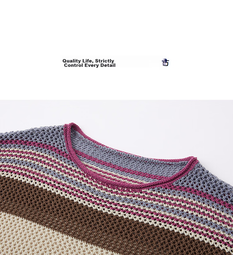 Demana Vintage Woven Light Spring Hollow Out Color Block Striped Crew Neck Loose Knit Sweater for Petite Women 12