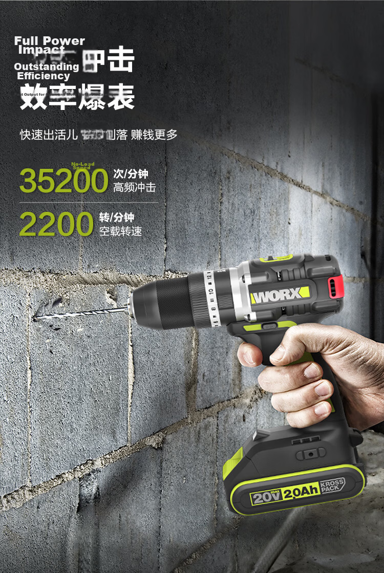 Worx 20V 70N Brushless Impact Drill WU369X.1 (2.0Ah Single Battery) Cordless Lithium Battery Household Wall Drilling Hand Drill 3