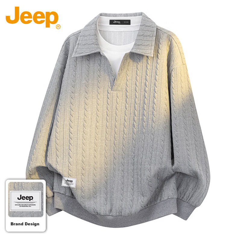 JEEP Men's Spring Autumn Polo Sweater Loose Jacquard Base Shirt Top Gray M