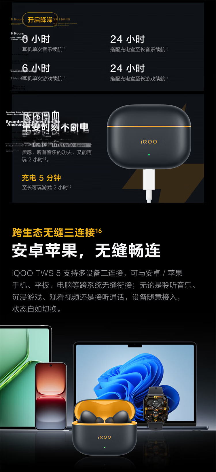 Vivo iQOO TWS 5 Racing Yellow 60dB Active Noise Cancelling 42ms Low Latency Gaming Bluetooth Earphones Compatible with Apple and Huawei Phones 15