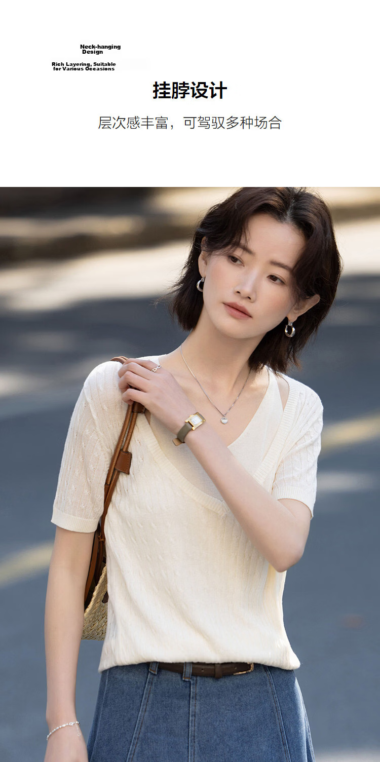Demana [100 Lyocell] Summer Halter Neck Two-Piece V-Neck Cable Knit Slim Fit Short Sleeve Sweater for Women Premium Quality 5