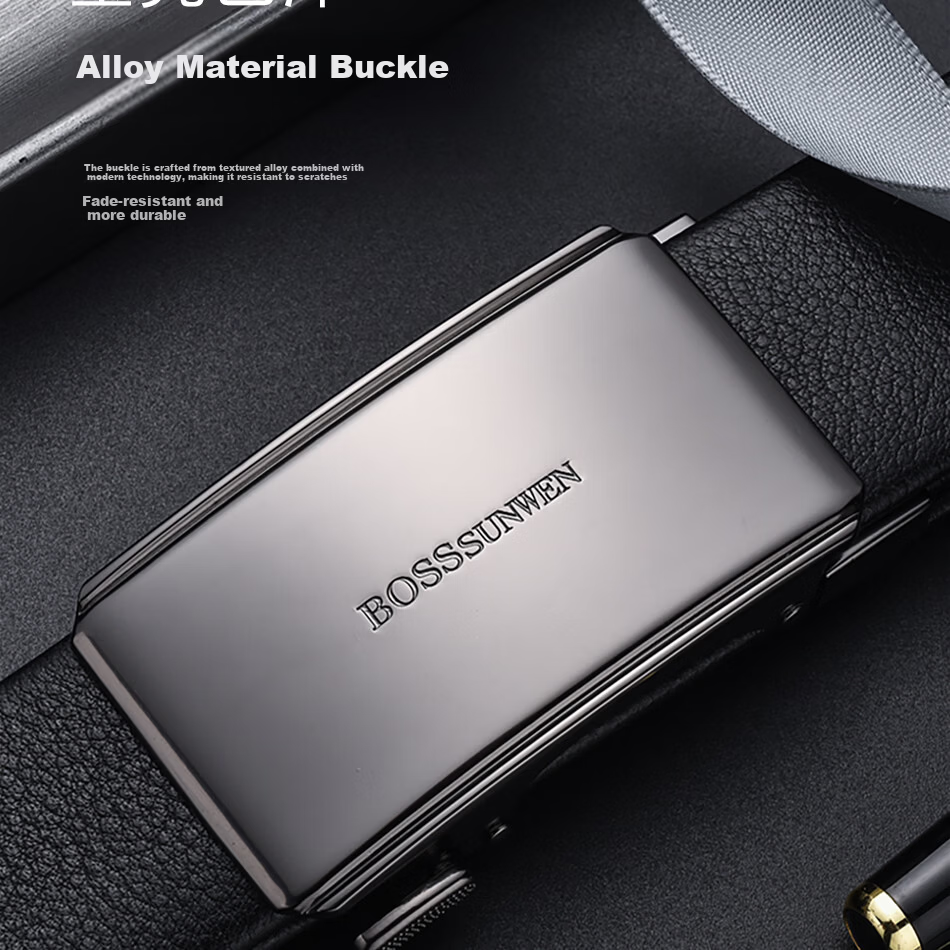 BOSSSUNWEN Men's Genuine Leather First Layer Cowhide Automatic Buckle Belt Anniversary Father's Day Gift for Dad Husband 7