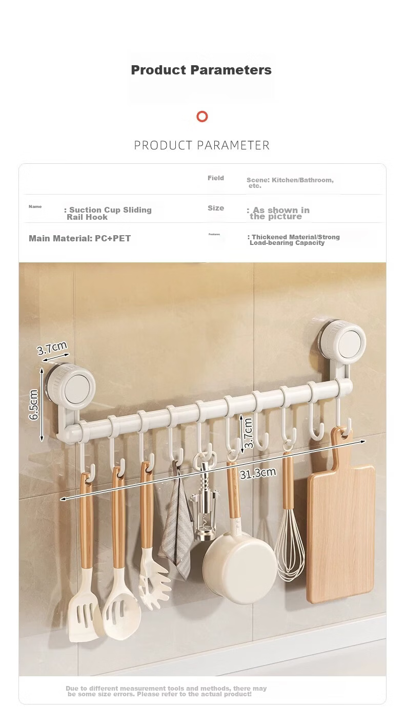 MUYA Kitchen Suction Cup Hook No Drilling Spatula Ladle Rack Wall-Mounted Sliding Rail Rod Cabinet Storage Organizer 6