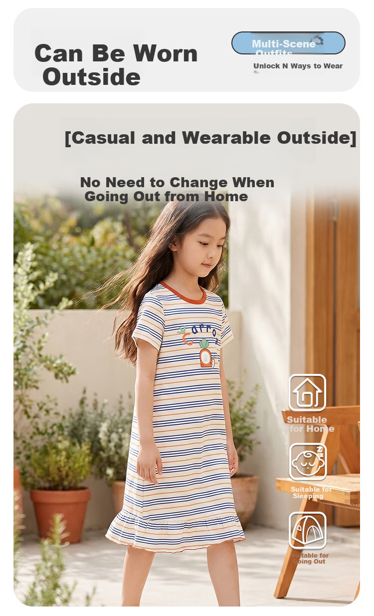 Hodohome Modal Short Sleeve Lightweight Homewear Kids Pajama Set Girls Nightdress Wearable Outdoors 6