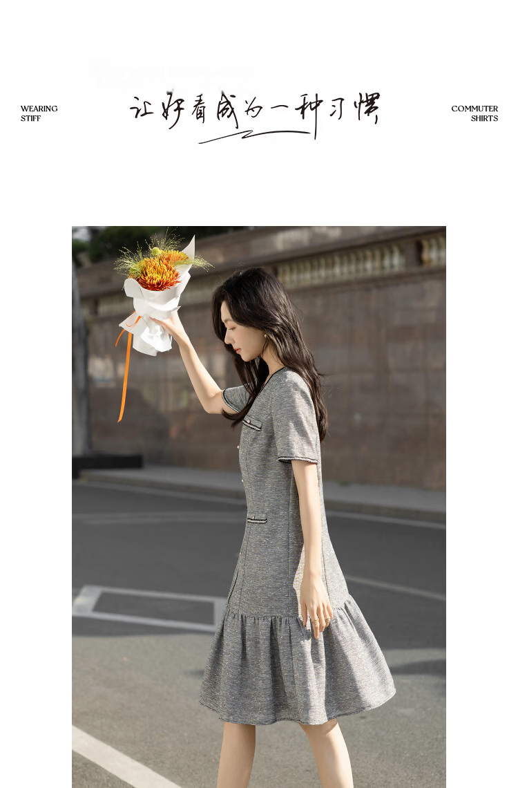 Demana Urban Socialite Summer Tweed V-Neck Fake Pocket Ribbon Slimming Concealing Dress for Women Premium 13