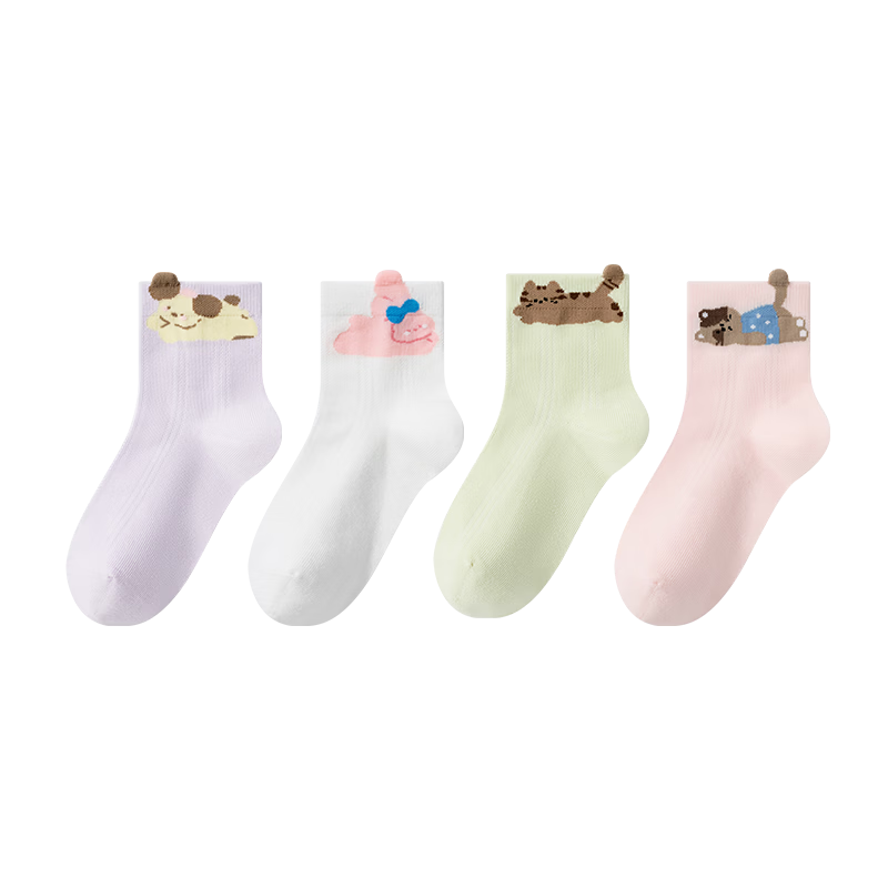 JD Jingzao Children's Socks Summer Girls' Socks Cute Mid-Calf Cotton Breathable Non-Slip Student Socks for Older Kids 4 Pairs