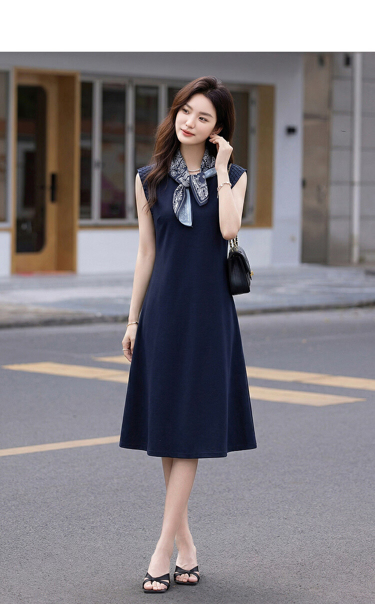 Demana Silent Breath Summer Elegant Urban Sleeveless Mid-Length Dress with Scarf and Pleated Round Neck Splicing 5