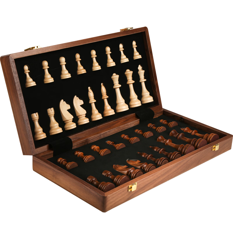 Zihu International Chess High-Quality Walnut Solid Wood Pieces, Large Foldable Wooden Chess Set with Queen Included (2 Pieces)
