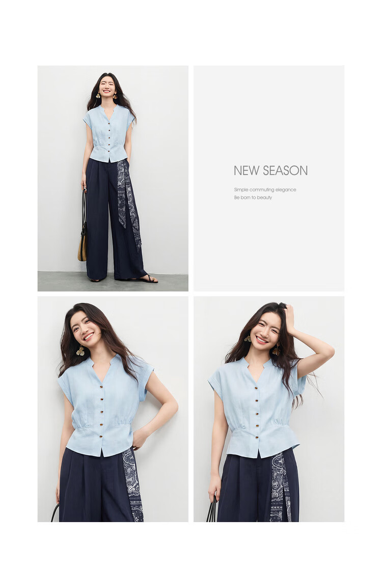 Shangdu Bila Linen Blend Stand Collar Shirt for Women Spring Summer Color-Block Button Slim Fit Flutter Sleeve Waist-Defined Short Sleeve Elegant Top 19
