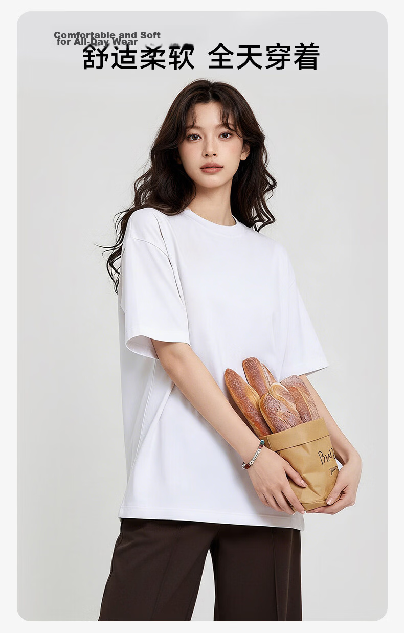 Borui Summer Heavyweight Pure Cotton Short Sleeve T-Shirt Women Solid Color Round Neck Loose Thick Non-Transparent Base Tee 8