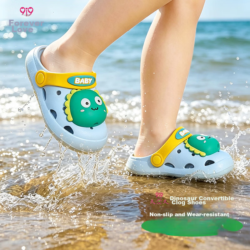 9i9 Kids Summer Soft Sole Non-Slip Cartoon Dinosaur Clogs Boys Girls Dual-Wear Beach Sandals B58 Blue Size 22-23