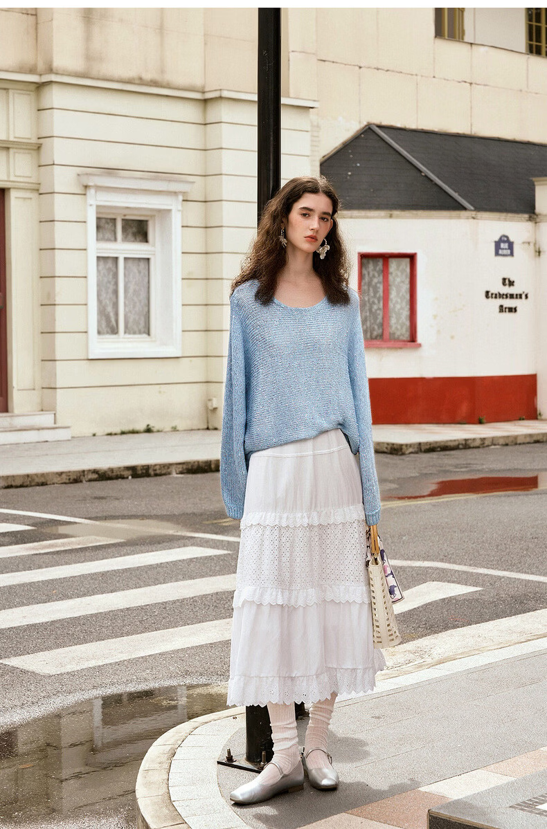 Olrain Eurielle Elegant Off-Shoulder Batwing Sleeve Knit Pullover Sweater Blue M Spring New Arrival 22