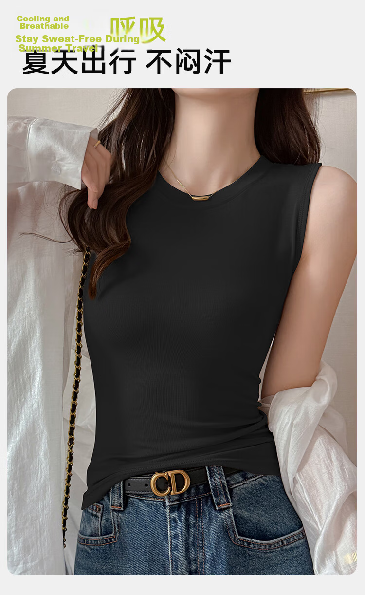 Audifine Women's Camisole Tank Top Wide Strap Sleeveless T-Shirt Spring Summer Khaki L 7