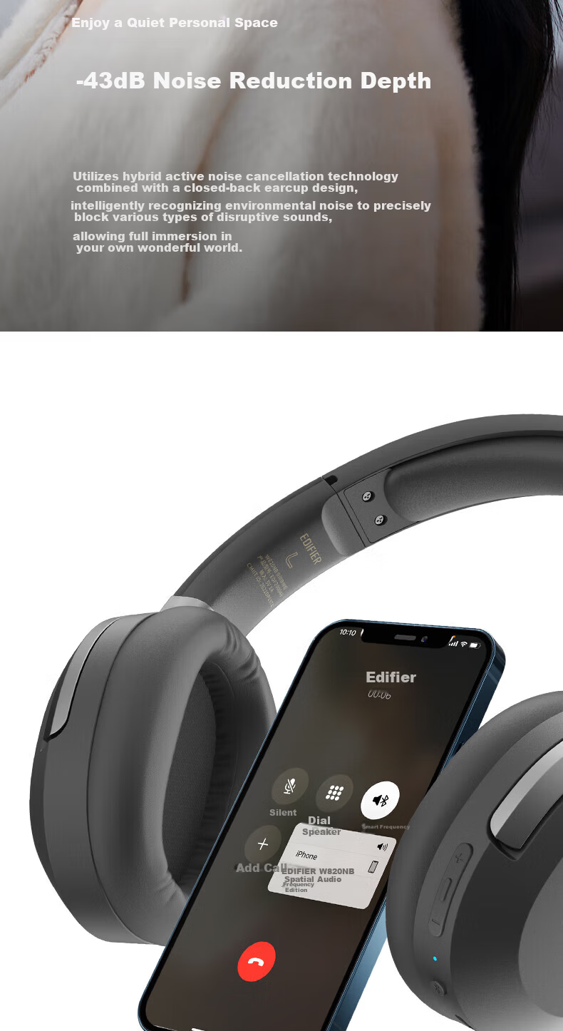 EDIFIER W820NB Classic Edition Elegant Gray Grade A Refurbished Over-Ear Bluetooth Headphones Active Noise Cancelling Deep Noise Reduction Lightweight Hi-Res 2