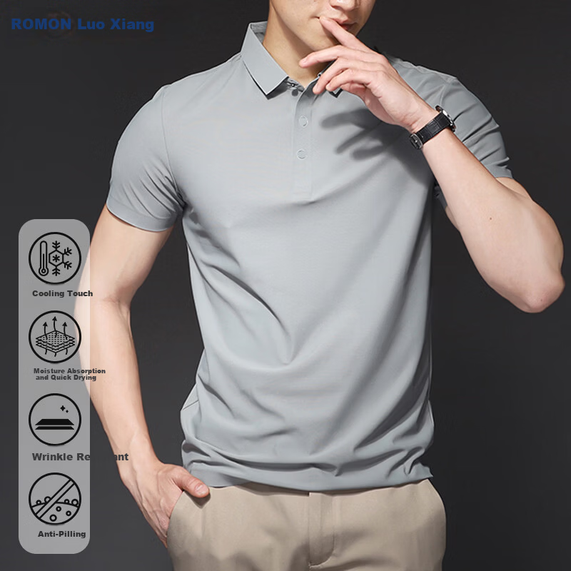 ROMON Short Sleeve Polo Shirt Men's Summer Business Casual Cool Breathable Ice Silk Top Medium Gray XL