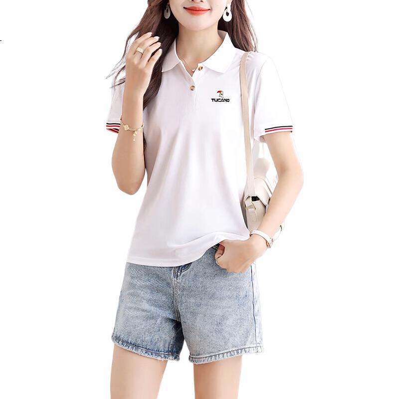 TUCANO Women's Summer New Polo Shirt Ice Silk Short Sleeve Turn-down Collar Slim Fit Sports Casual Top White 2XL
