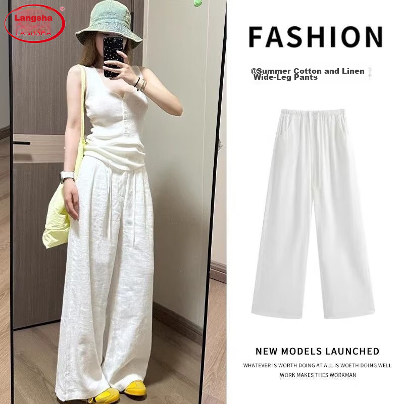 Langsha Cotton Linen Wide-Leg Pants for Women Summer 2026 New High-Waist Loose Slim Korean Style Draped Straight Casual Trousers