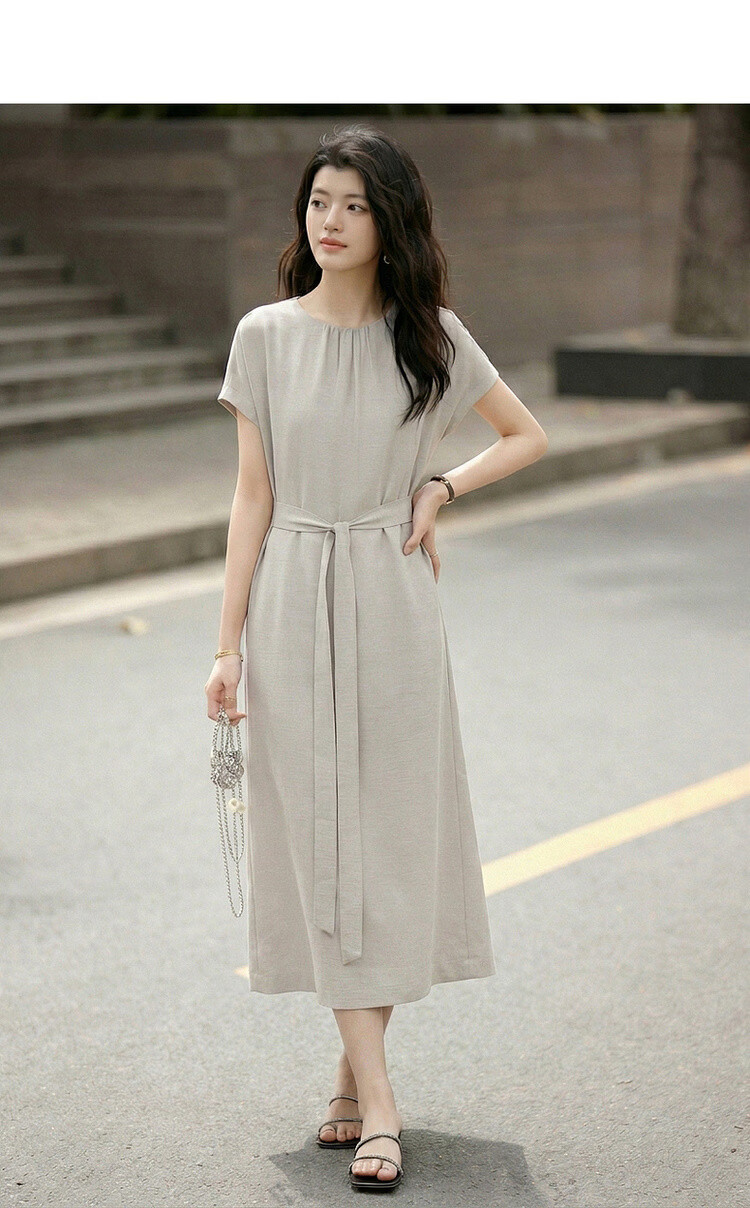 Demana Natural Linen Summer Elegant Round Neck Fabric Belt Loose Petite Mid-Length Dress for Women 5