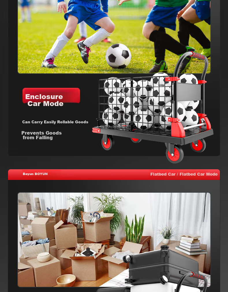 Boyun Folding Cart with Guardrail, Hand-Pulled Flatbed Trolley, Cargo Fence Cart, Small Hand Truck with Mesh Frame 2