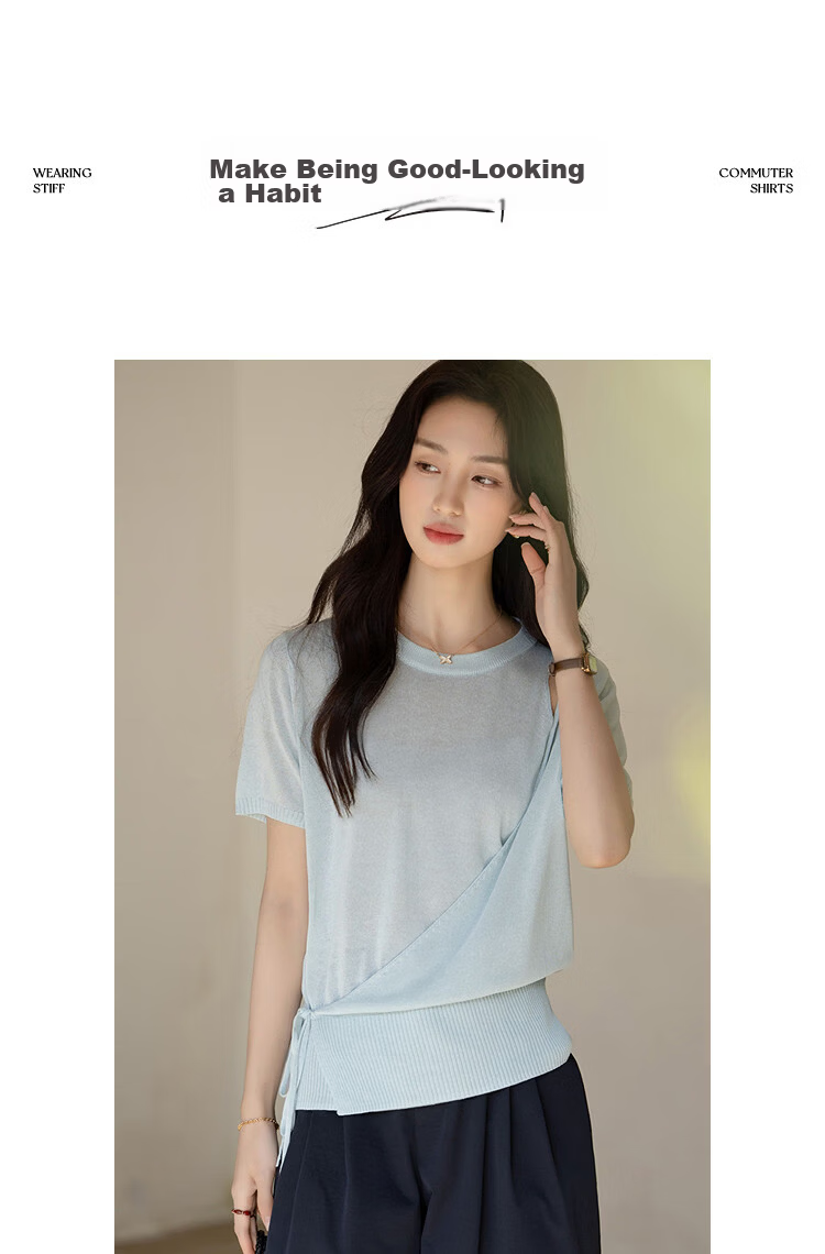 Demana [with Linen Lyocell] Summer Elegant Asymmetric Design Adjustable Tie Slim Knit Top for Women Premium 10