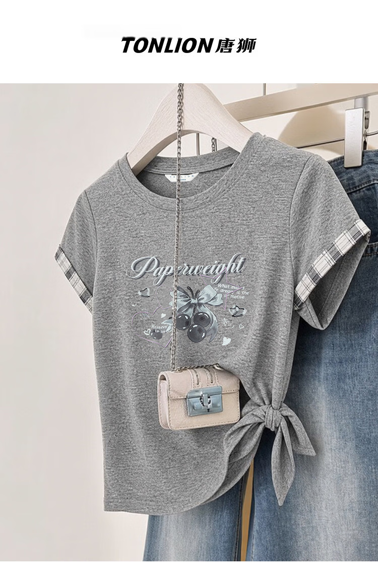 TonLion 2026 Summer New Slim Fit Gray Patchwork Short Sleeve T-Shirt for Women Stylish Casual Designer Niche Top 1