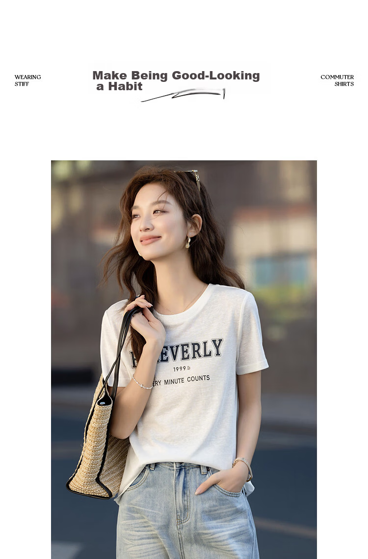 Demana [with Lyocell Cotton] Summer Simple Style Colorblock Letter Print Crew Neck Short Sleeve Comfortable Slim Fit Women's T-Shirt 10