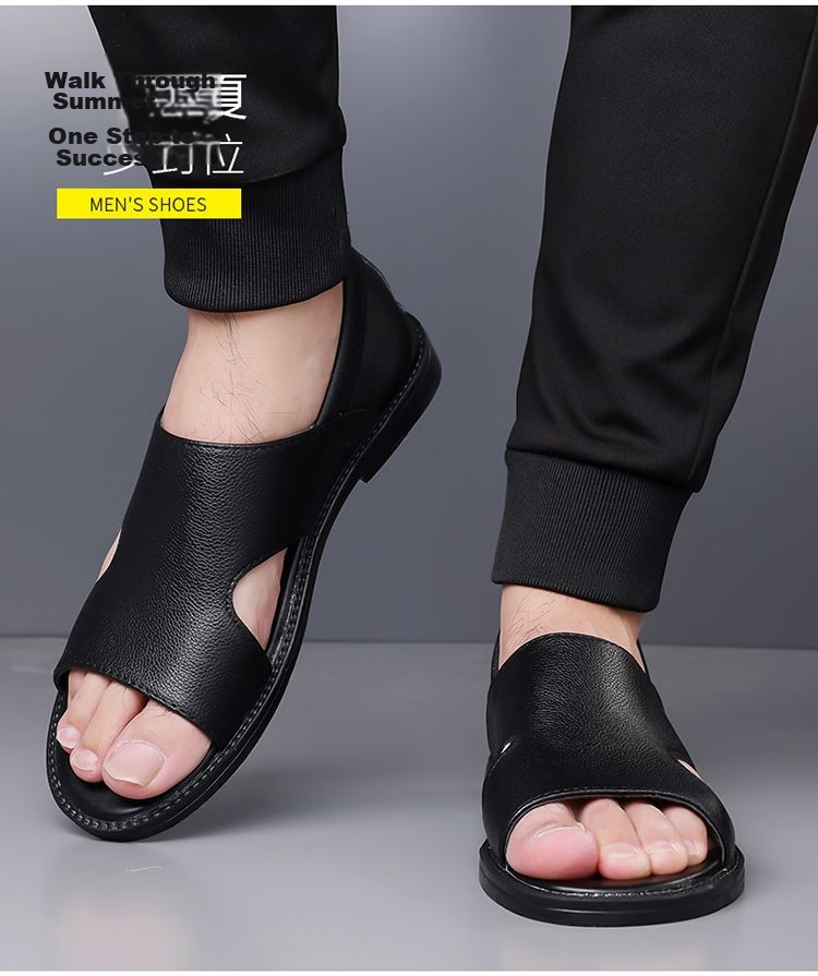 Jingzhenlianggong Men's Summer Sandals Dual-use Slippers Non-slip Soft Sole Beach Shoes Black [Leather Texture] Size 38 11