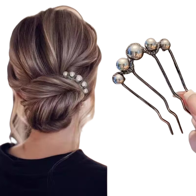 Gemon U-Shaped Hairpin Bun Maker Pearl Four-Tooth Comb U-Shaped Clip Hair Bun Insert Comb 2 Pieces Set