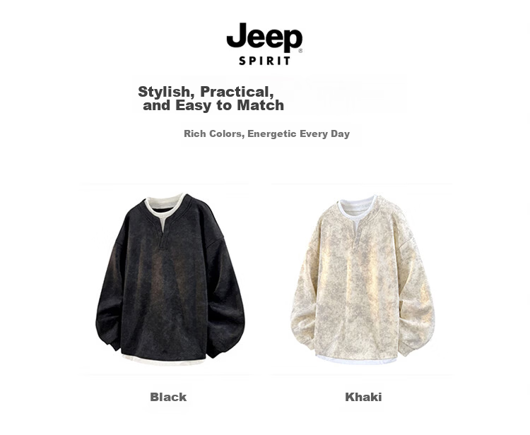 JEEP SPIRIT Men's Spring American Vintage Casual Long Sleeve Faux Two-Piece Sweatshirt Black 3XL 7