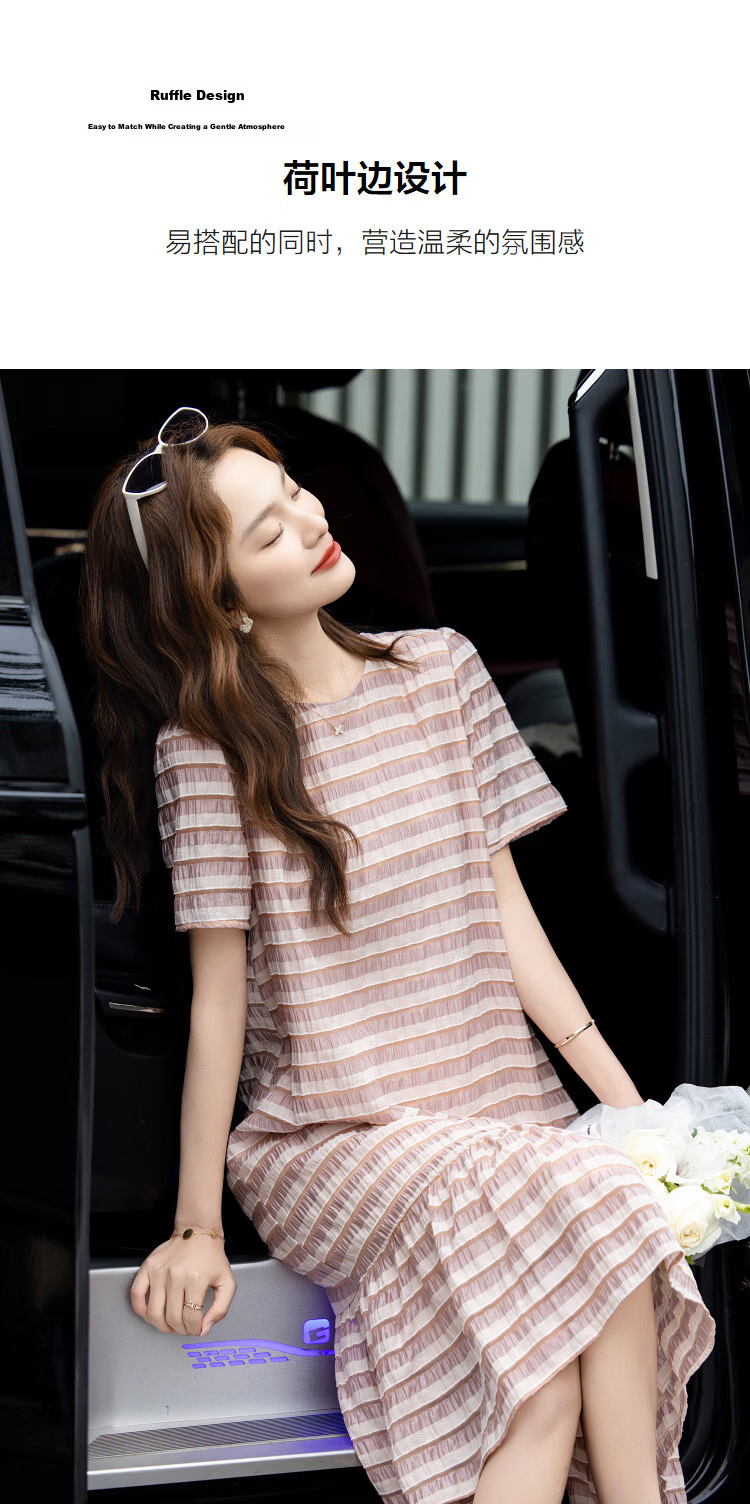 Demana [Lyocell] Summer Vintage Wrinkled Striped Ruffle Loose Slimming Concealing Dress for Women High-End Feel 7