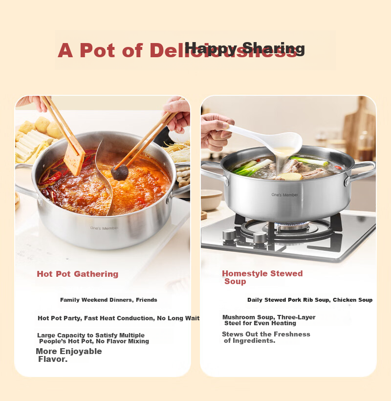 One's Member 28cm 3-Layer Thickened 304 Stainless Steel Hot Pot Deep Mutton Shabu Shabu Large Capacity Household Soup Pot 5