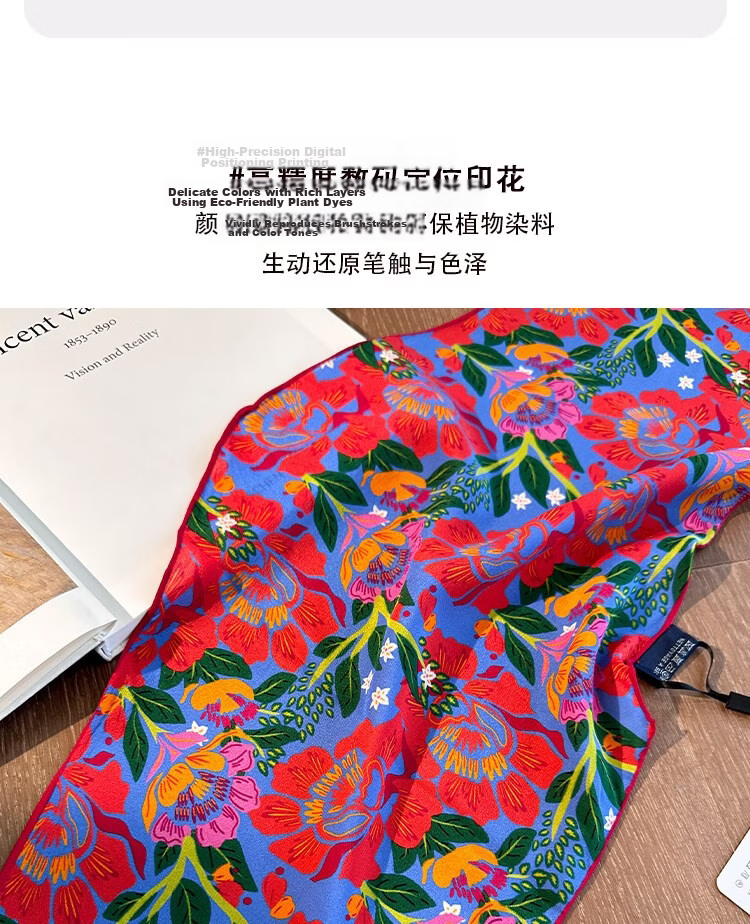 Lagur Rich Eternal 100% Mulberry Silk Original Illustration Scarf Triangle Silk Neck Scarf Gift for Mom Camellia Red 5