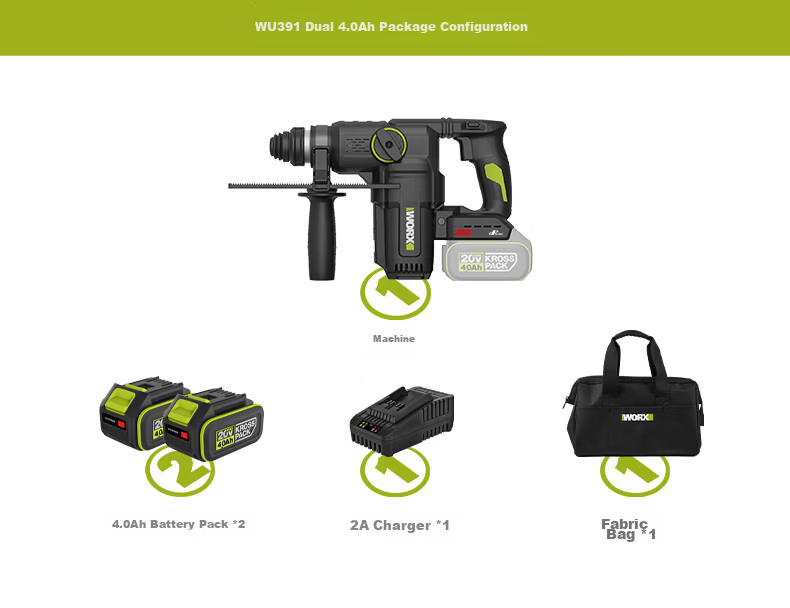 WORX 20V Cordless Lithium Battery Hammer Drill WU391.9 (Bare Tool) Rechargeable Impact Drill Concrete Electric Tool 18