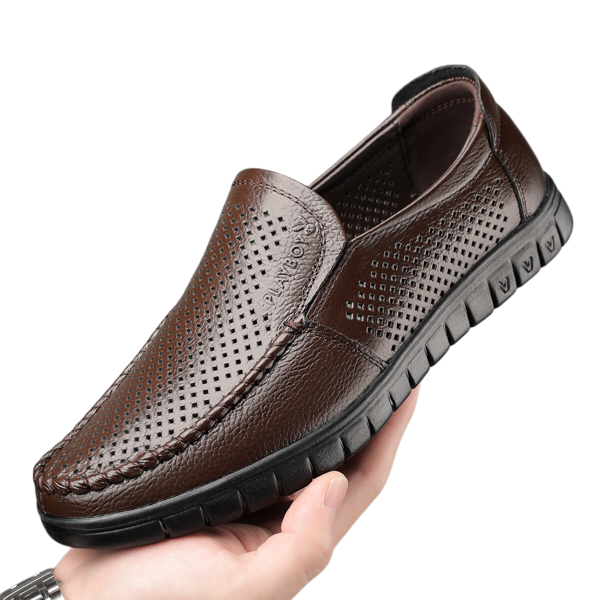 PLAYBOY Men's Summer Hollow Breathable Soft Leather Slip-On Business Casual Shoes Dark Brown Size 45