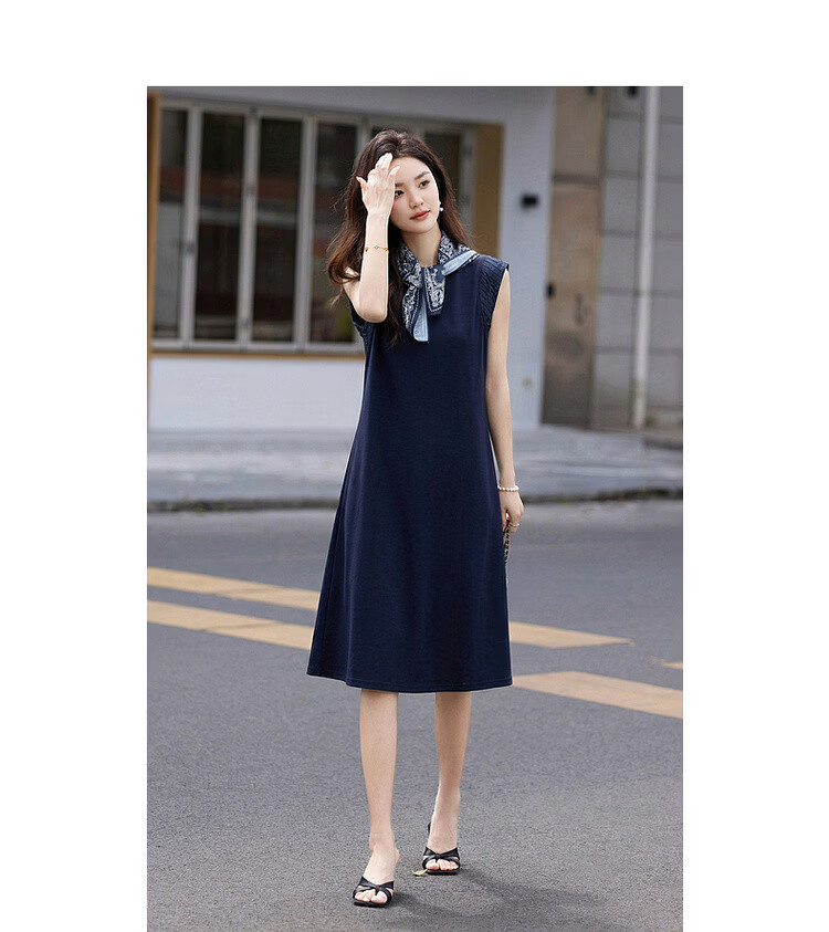 Demana Silent Breath Summer Elegant Urban Sleeveless Mid-Length Dress with Scarf and Pleated Round Neck Splicing 10