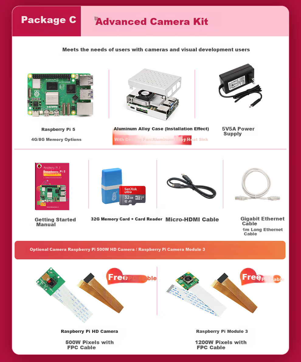 Chuanglebo Raspberry Pi 5 Basic Starter Kit 2GB 4GB 8GB 16GB Raspberry Pi 5 Development Board Mainboard 5B 8GB No SD Card Basic Kit 3