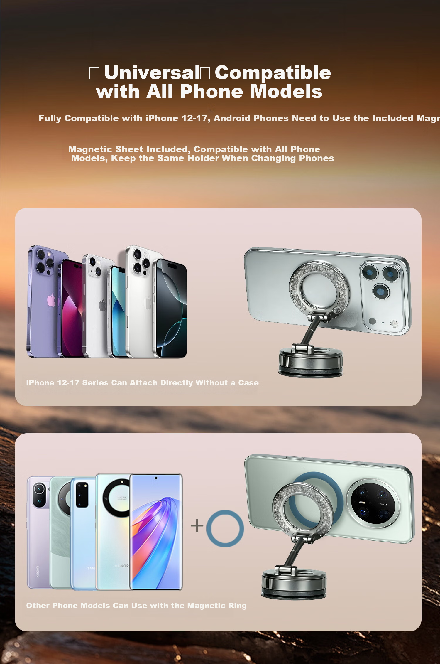 Feimaotui Car Phone Holder Suction Magnetic Mount 360° Rotatable Dual Ring Strong Adhesive Horizontal and Vertical Screen 8