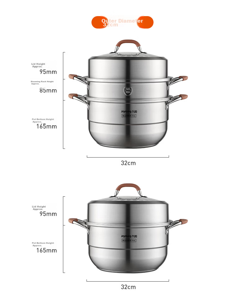 Joyoung 316L Stainless Steel Steamer Pot, Small Size for 2-3 People, Non-Coated Multifunctional Soup Steamer with High Dome Lid, Three Layers, 30cm 16
