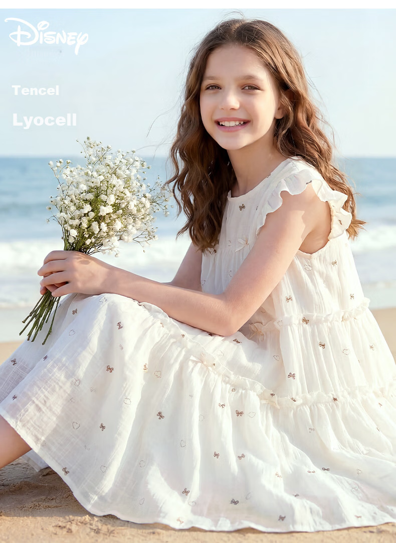 Disney Girls' Tencel Dress Summer Lightweight Princess Cake Dress for Older Children 1A112 Beige 130 1