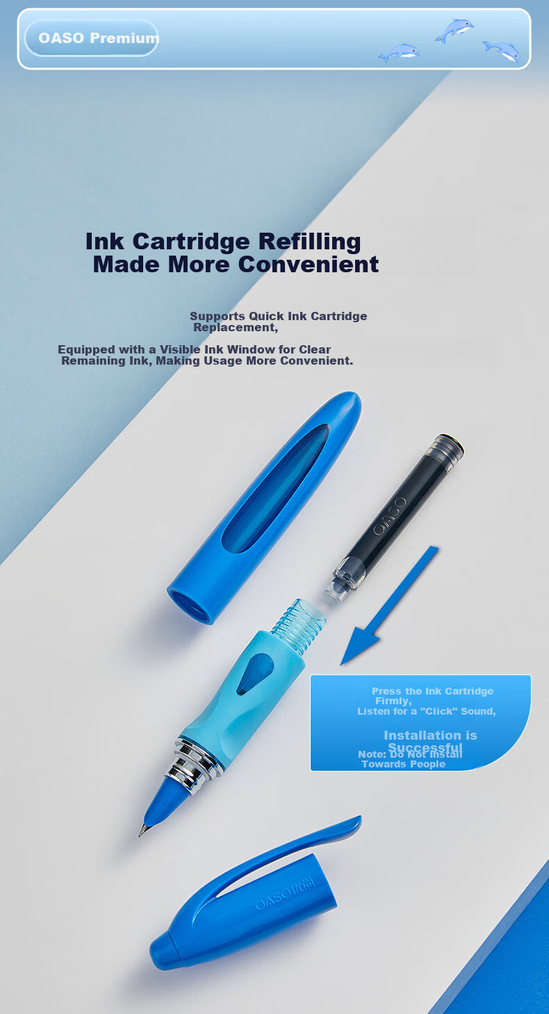 Youshang OASO K066 Dolphin Low Center of Gravity Fountain Pen Stable Writing Posture Refillable Ink Cartridge Deep Sea Black for 3rd-4th Grade Students Beginner 10